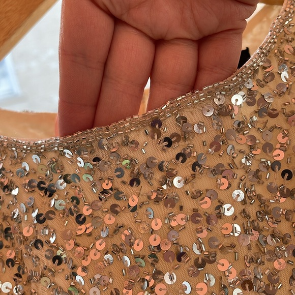 Mac Duggal - Silver Nude Sleeveless Sequined Midi Sheath Dress - Picture 6 of 15